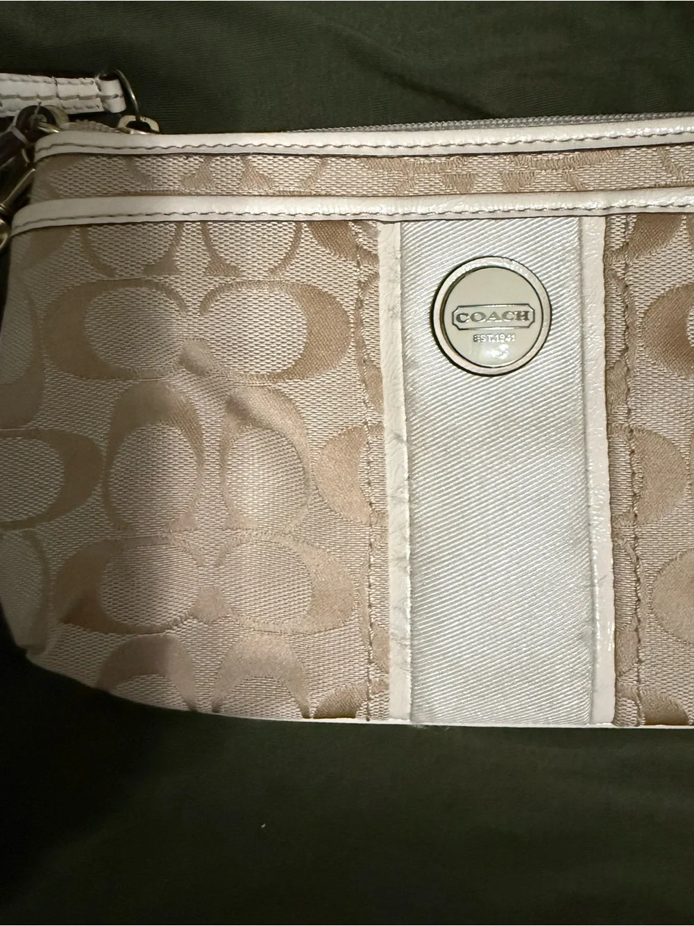 Rare Vintage Coach Cream and Tan Signature Canvas Wristlet with Leather Trim